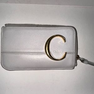 Chloe Leather C Logo Card Case Wallet Light Blue Gold Zip Pouch Pre-owned